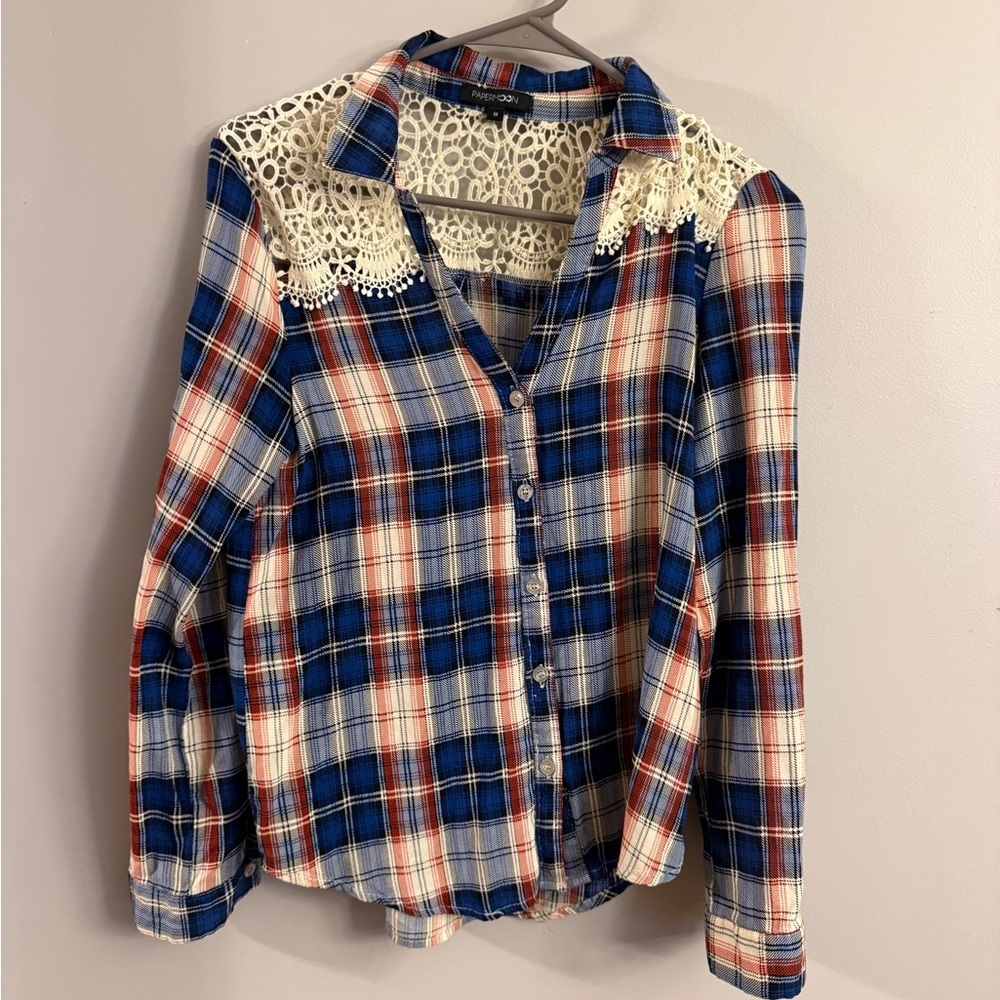 Paper Moon Plaid Lace Yoke Button Front Blouse Red Blue Size M
